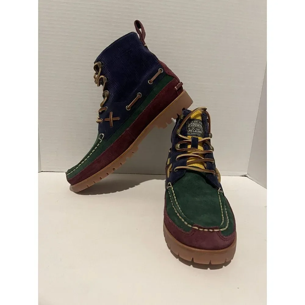 Polo Ralph Lauren Suede Corduroy Color Block‎ Ranger Boots Blue Red Green sz 9